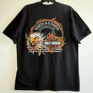 Harley Davidson Y2K 2005 T-shirt Kansas City Flame Eagle Black Size L